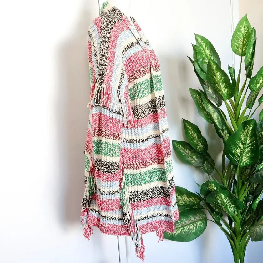 Maje Missy Multicolor Stripe Fringe Knit Long Sleeve Open Front Cardigan Small S - Picture 6 of 15